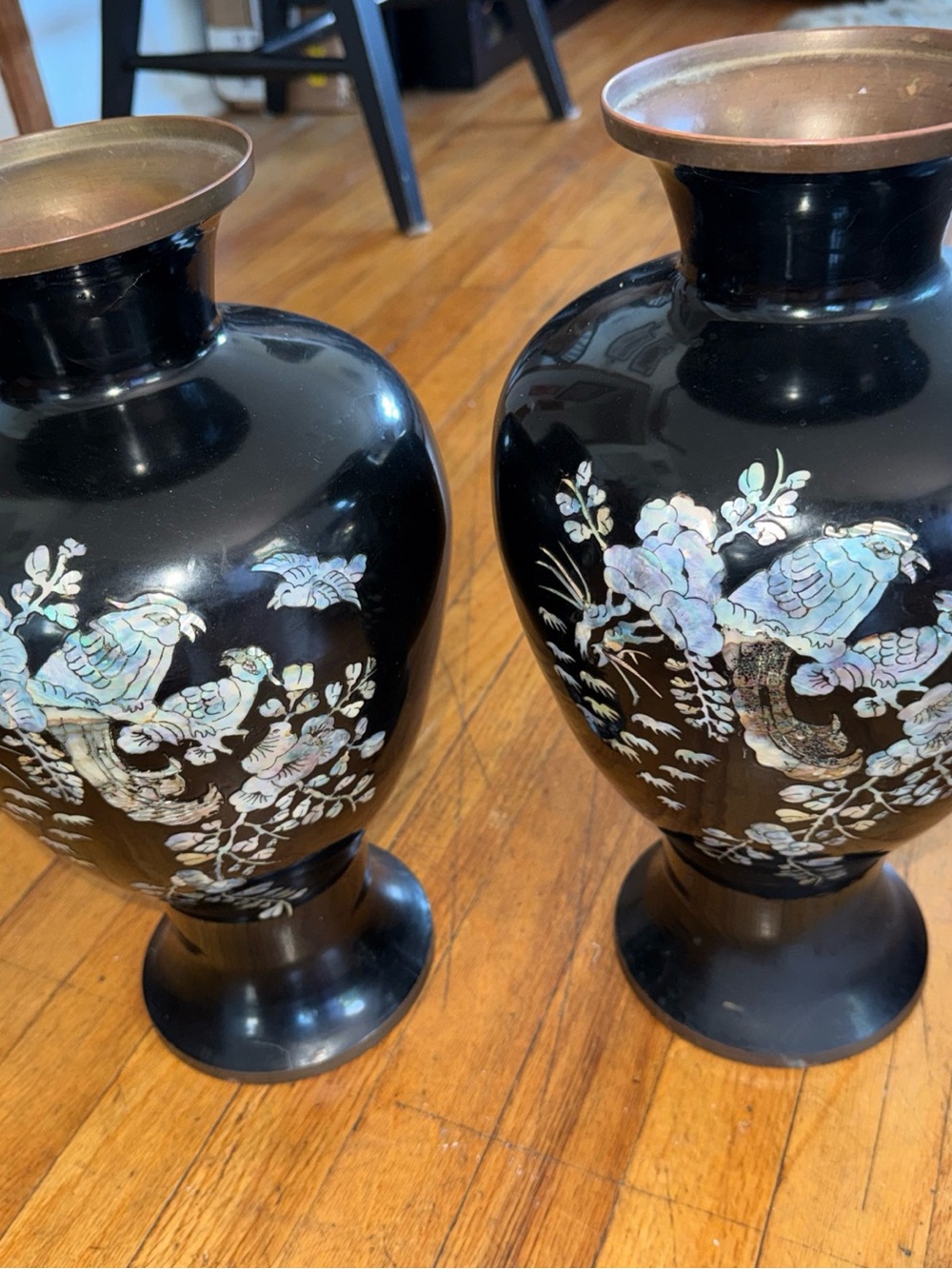 Black Mother-of-Pearl Inlaid Decorative Vases Korean vintage set of 2 15” tall